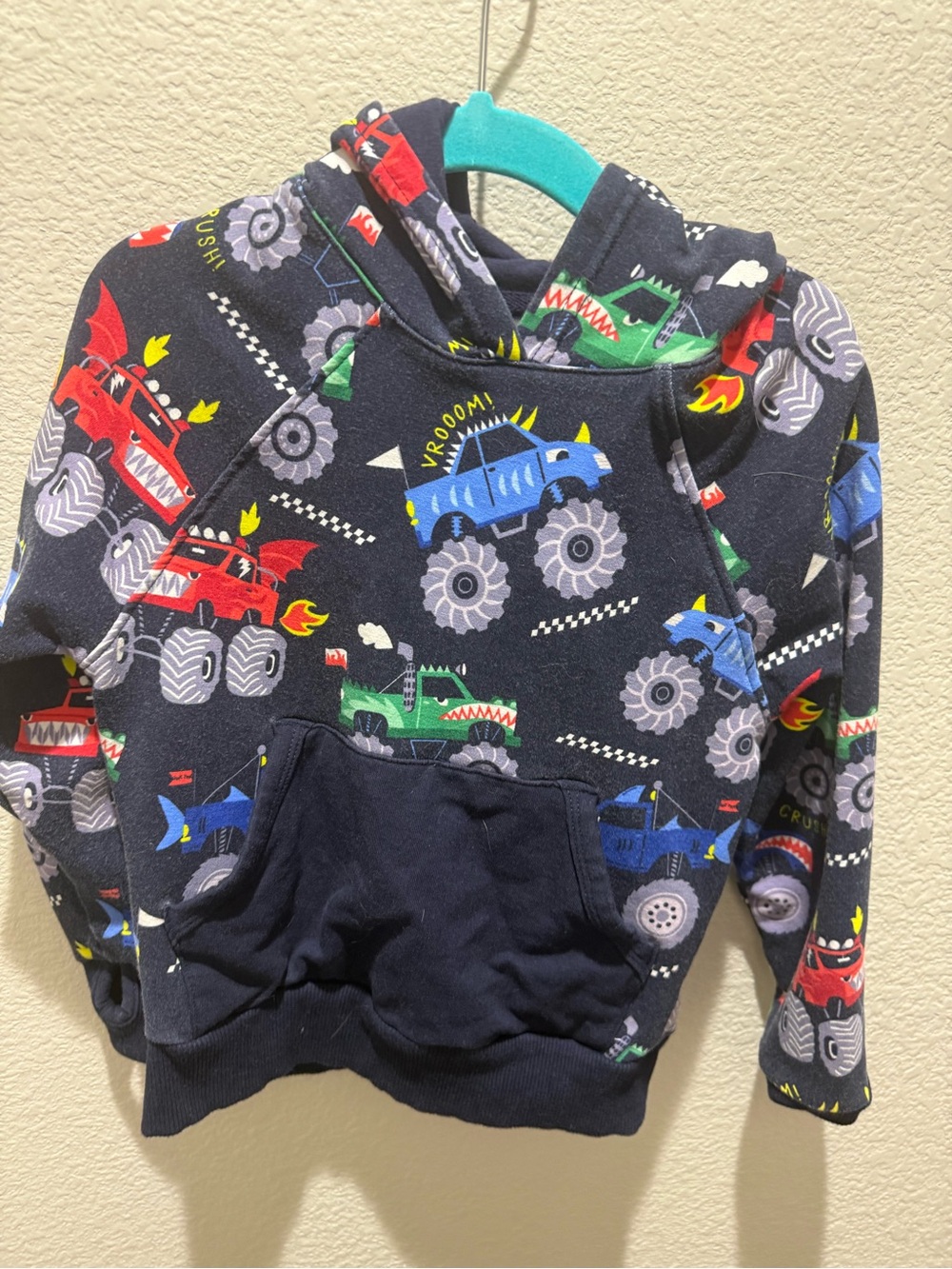 Little Sleepies Navy Hoodie with Red Green Blue Truck Accents